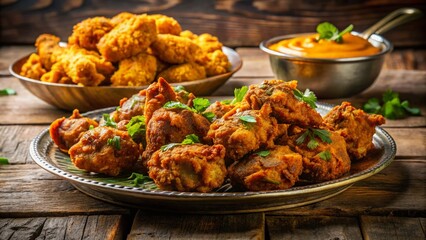 Fototapeta premium Crispy Fried Chicken & Mutton Pakora Platter - Indian Food Stock Photo