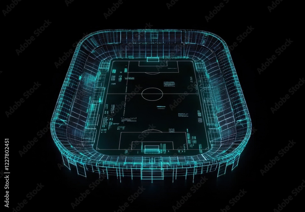 Poster futuristic digital stadium concept with vibrant neon lights and dynamic data visualization in a mode