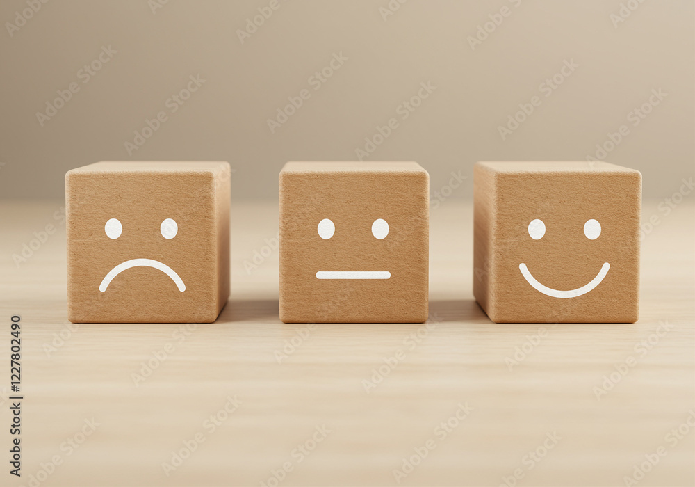 Poster wooden emotion blocks showing different emotions. three wooden blocks with sad neutral and happy fac