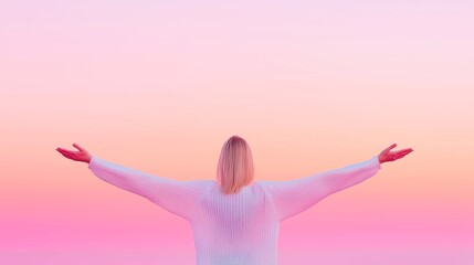 Awakening Horizons, a woman's silhouette stretching her arms wide against a radiant sunrise, embodying hope, dreams, and the limitless possibilities of a new day