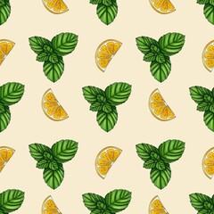 Seamless Pattern Mint with Lemon Small Design on Pastel Yellow Background