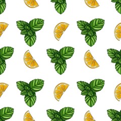 Seamless Pattern Mint with Lemon Small Design on White Background