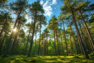 A tranquil pine forest with tall trees reaching for the sky, soft mossy ground, and sunlight breaking through