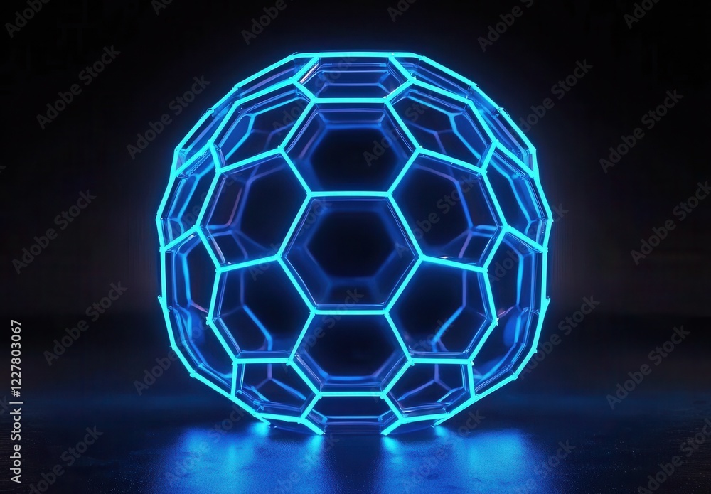 Poster futuristic glowing blue geometric sphere with hexagonal patterns in a dark digital environment