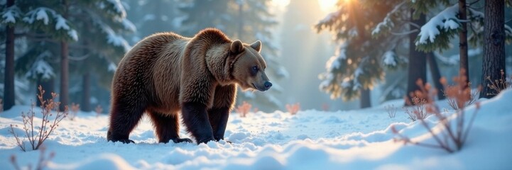 Obraz premium Brown bear in snowy forest landscape, wildlife, snow, brown bear