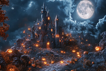 Mysterious Haunted House on a Foggy Halloween Night with Glowing Jack-o&rsquo;-Lanterns, Flying Bats, and an Eerie Gothic Atmosphere