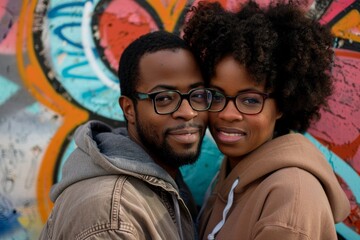 Fototapeta premium Portrait of a glad afro-american couple in their 20s sporting a comfortable hoodie isolated on vibrant graffiti wall