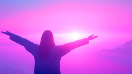 Awakened Vision, a woman's silhouette embraces the vibrant sunrise, symbolizing clarity and insight in a moment of serene awakening.