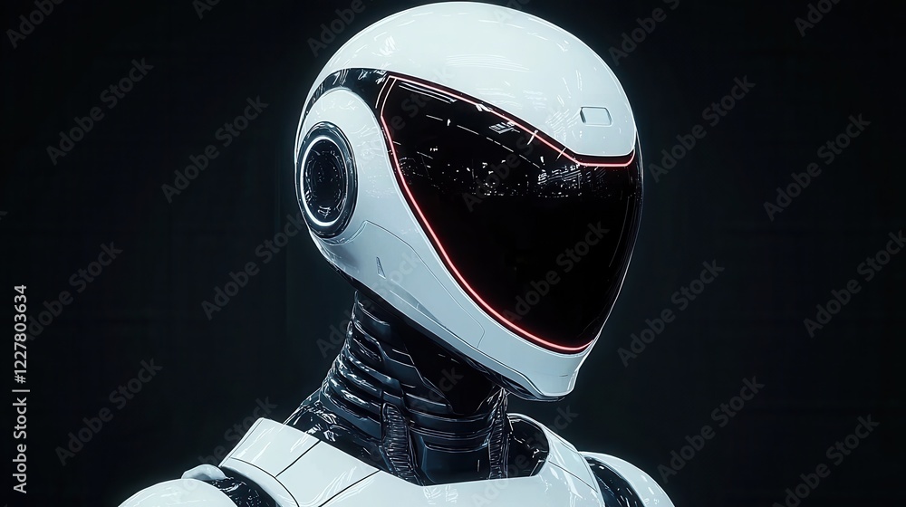 Poster futuristic robot head with sleek design and glowing accents displayed in a high-tech environment