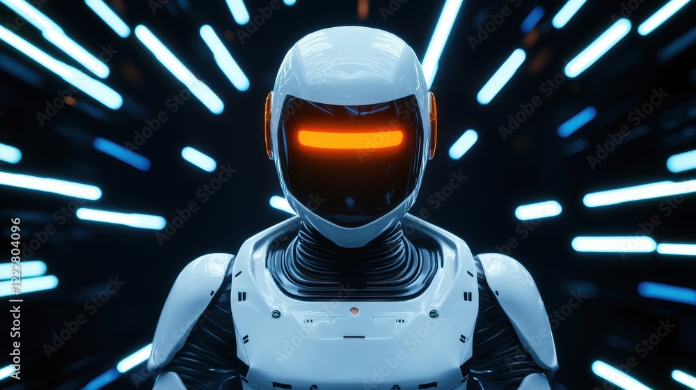 Poster futuristic robot with glowing eyes radiating energy in a dynamic digital environment illuminated by 