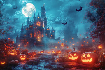 Mysterious Haunted House on a Foggy Halloween Night with Glowing Jack-o’-Lanterns, Flying Bats, and an Eerie Gothic Atmosphere