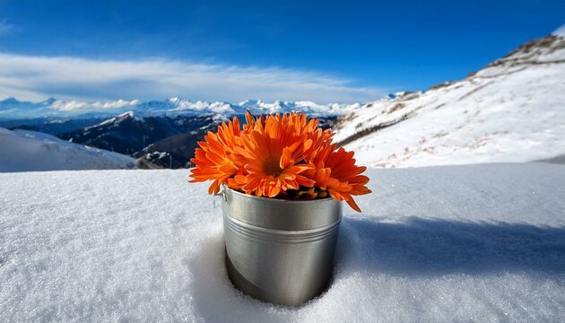 a vibrant orange flower in a metal pot nestled in snow against a backdrop of a stunning mountainous landscape and a bright blue sky filled with fluffy clouds