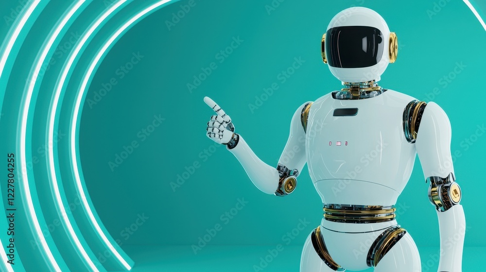 Poster futuristic robot with sleek design pointing in a modern glowing environment highlighting technology 