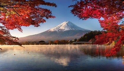 "Stunning autumn scenery of Mount Fuji with red maple leaves, morning mist, and serene Lake Kawaguchiko reflections."