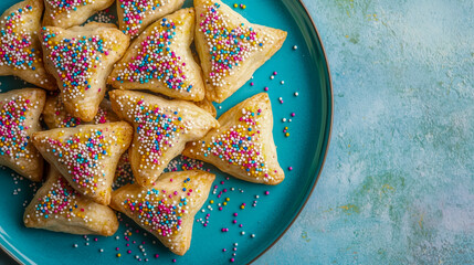 Hamantaschen cookies with sprinkles resting on blue plate for purim holiday