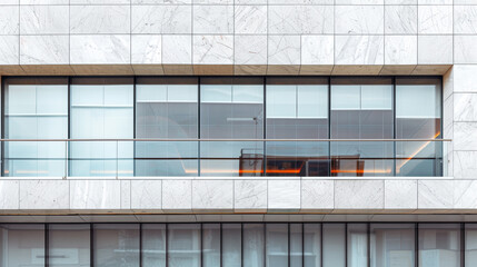 Fototapeta premium A modern building with a white marble facade and large windows.