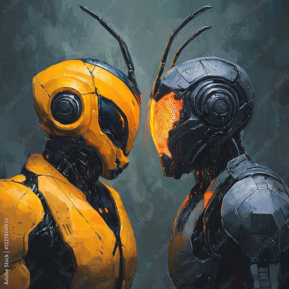 Aufkleber futuristic robots with contrasting colors facing each other in a dynamic and intense visual scene
