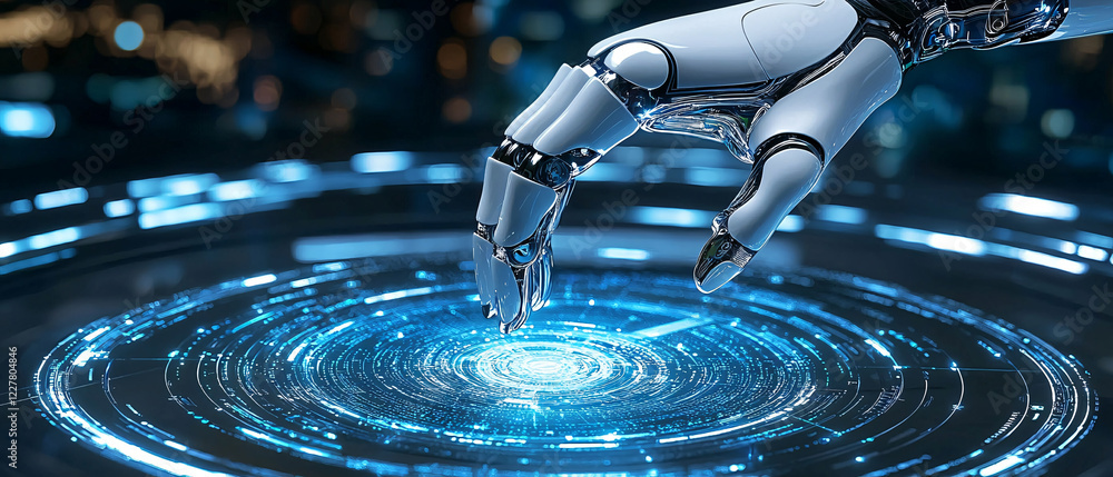 Aufkleber a robotic hand reaches towards a glowing blue circular pattern, symbolizing advanced technology and 