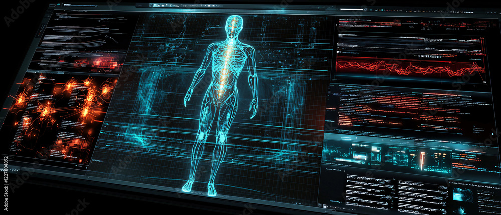 Poster a futuristic display shows a holographic human figure surrounded by data analytics and visuals, illu