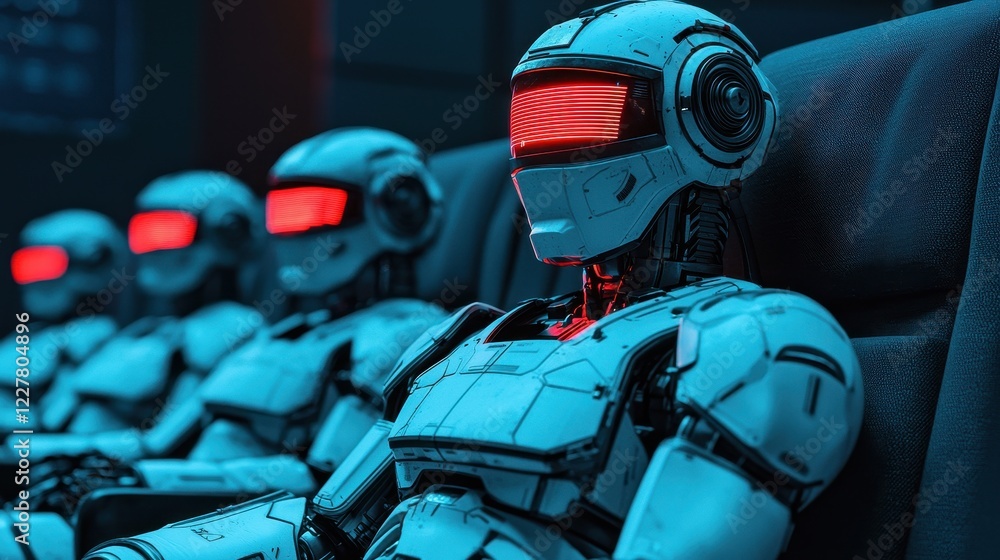 Poster futuristic robots with glowing red eyes seated in modern interior design showcasing advanced technol