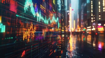 Obraz premium Synchronized Market Patterns Ripple effects of data travel in synchronized waves across the structure visualizing the heartbeat of global finance within a city bathed in ambient neon