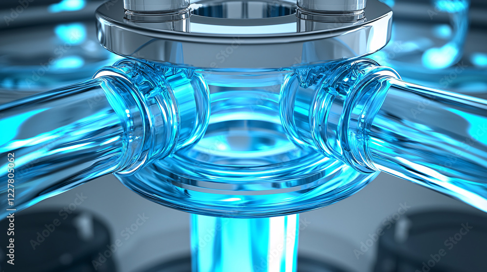 Poster a close-up view of shiny, interconnected tubes filled with vibrant blue liquid, showcasing modern de