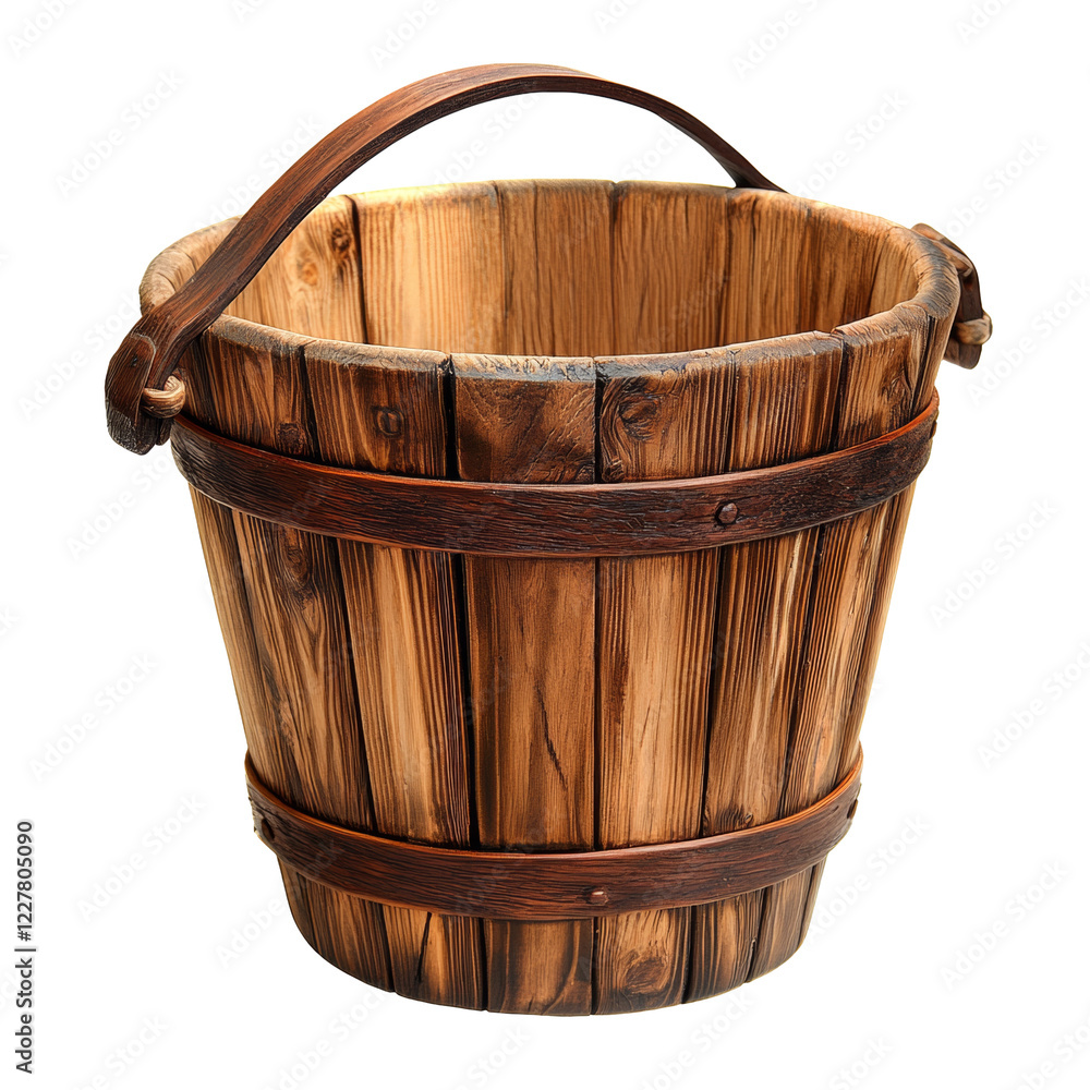 Poster the image shows a rustic wooden bucket with a curved handle. it is empty and appears to be made of d