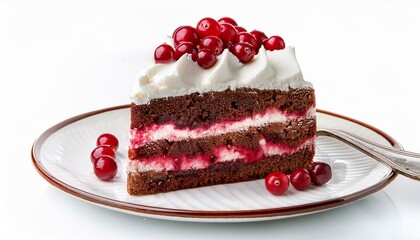 chocolate cranberry cake slice decorated with whipped cream on white background