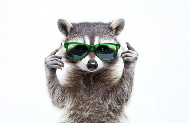 Fototapeta premium Raccoon Wearing Green Sunglasses with Playful Expression on White Background