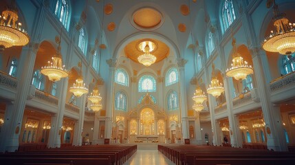 Obraz premium Grand Cathedral Interior, Sunlight Streaming, Worship