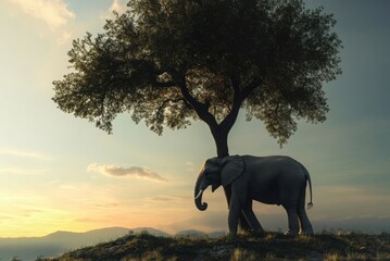 Fototapeta premium Elephant with calm mood standing under a tree against a sunset background