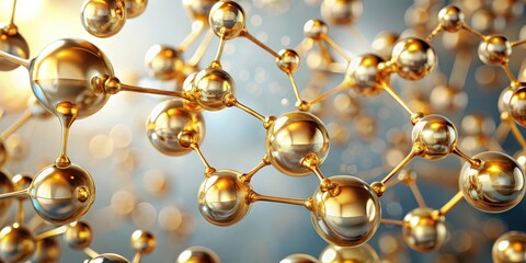Biological golden molecule and bubbles suspended in a transparent liquid environment, biological, translucent