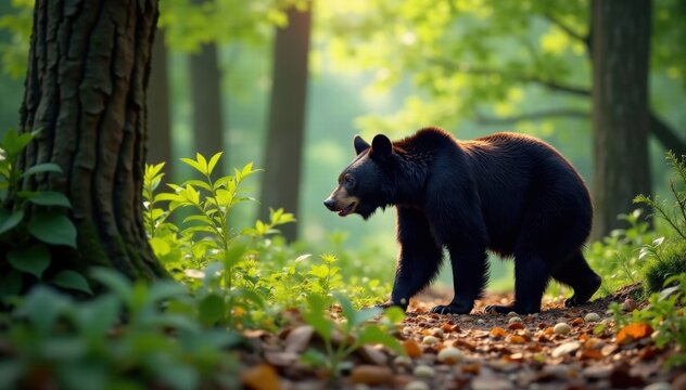 Black bear walking in forest , animal, forest, fauna