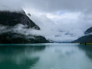Autumn landscape in Briksdalbreen glacier valley in South Norway, Europe.