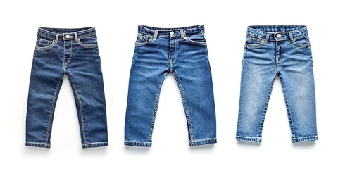 3 different pairs of jeans, blue denim jeans for kids on a white background, detailed illustration, high-resolution photography, stock photo, professional color grading, award-winning photoshoot.