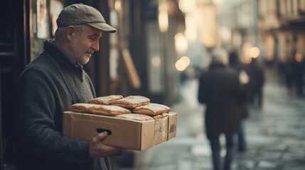 Elderly man carrying box of pastries on city street.