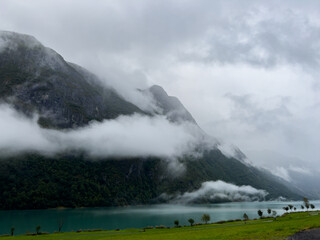 Motorhome camper in a campsite near Briksdal glacier, south Norway. Europe