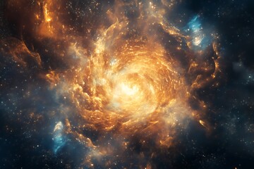Fototapeta premium Cosmic Nebula Swirling Golden Hues In Deep Space