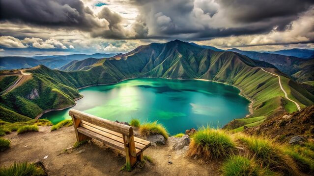 Cuicocha Volcano Crater Edge Bench: Breathtaking Ecuadorian Andes Landscape