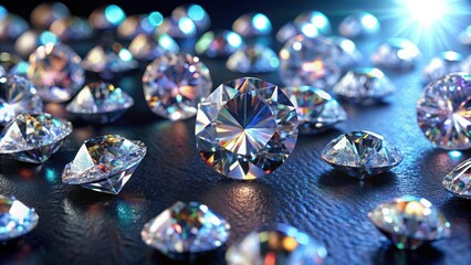 Fototapeta premium Brilliant diamonds scattered on a dark canvas, revealing their facets and colors in a mesmerizing display , glimmer