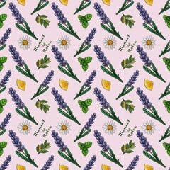 Seamless Pattern Moment to Relax Lavender and Lemon Slice with Chamomile and Tea Leaves Big Design on Pastel Pink Background