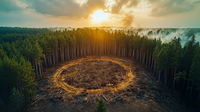 Aerial view of deforested circular area in a forest at sunset