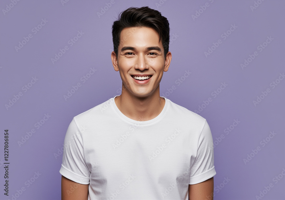 Poster smiling man portrait in white t-shirt. smiling man looking at camera with happy expression. man smil