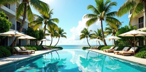 Fototapeta premium Palm trees swaying in the breeze next to a hotel pool, pool, serenity, tropical