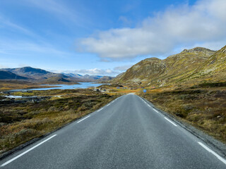 Autumn road in Trondheim to Oslo road, south Norway. Europe