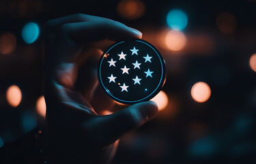 Hand Holding a Checkmark Badge with Stars, Glowing Emblem in Dark Ambient Light, Futuristic Certification Concept