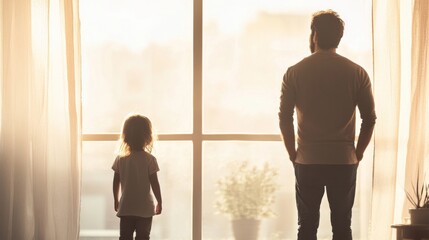 Fototapeta premium Father and son silhouetted against a sunlit window, looking outside.