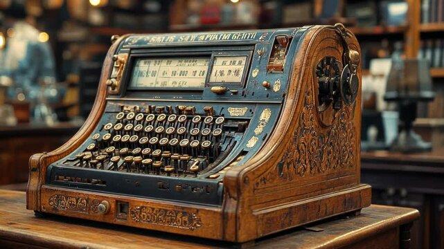 Antique cash register on display in a vintage shop with people browsing