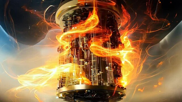 Futuristic quantum computer with glowing energy waves. Advanced technology, artificial intelligence, and computing power visualization.
