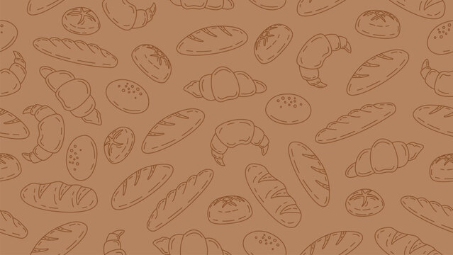 Hand drawn bread seamless pattern background. Bread line art motif wallpaper. Bakery, pastry, pacaging, paper, food wrapper